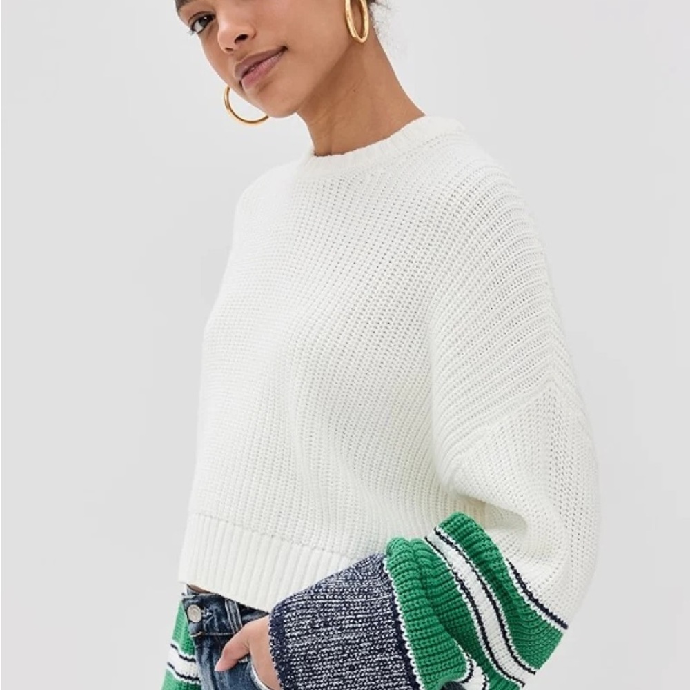 STAUD Cliff White Cropped Knit Sweater with Green & Navy Sleeve Accents - Picture 2 of 9